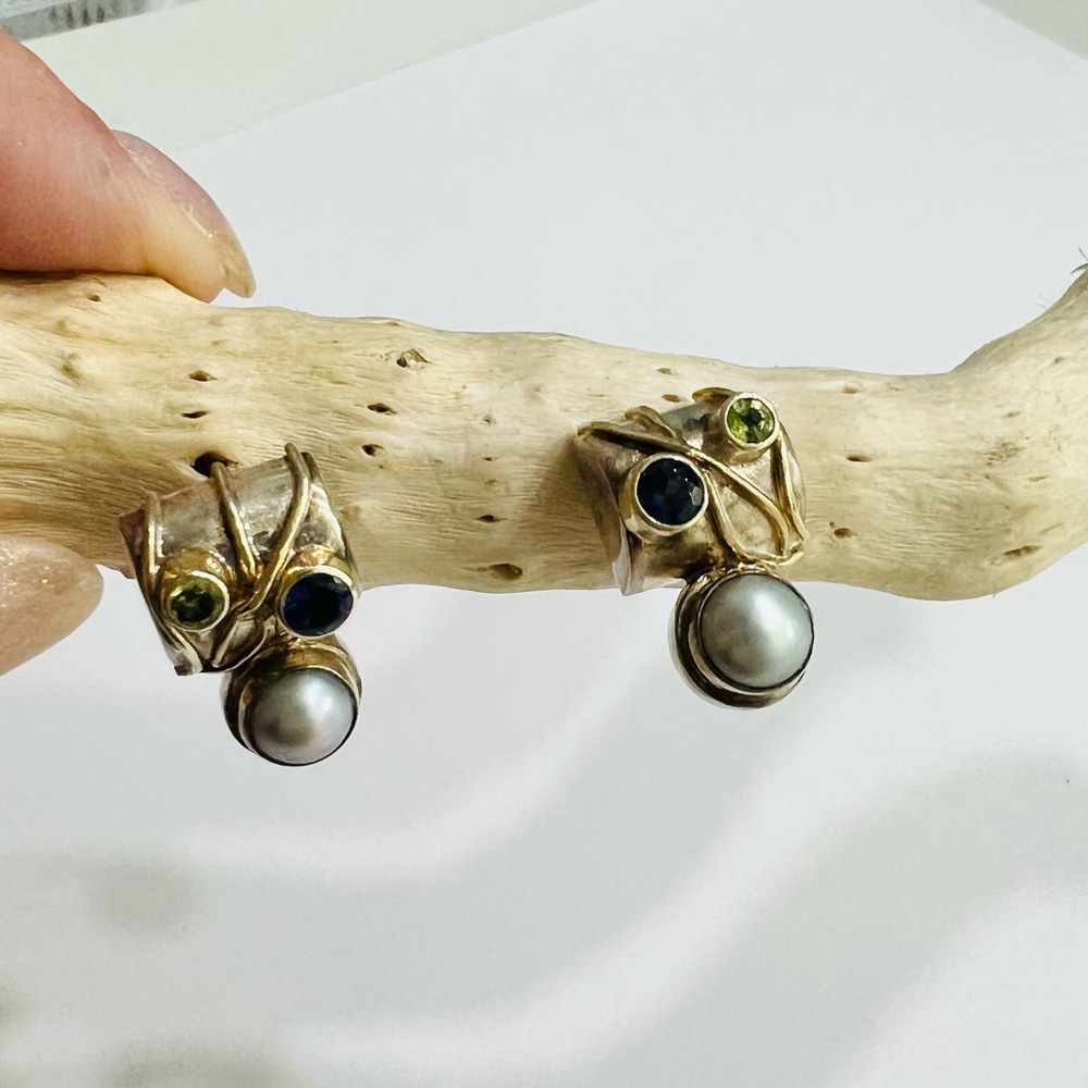 Michou Sterling , gold vermeil and  Pearl Earrings. With peridot and amethyst